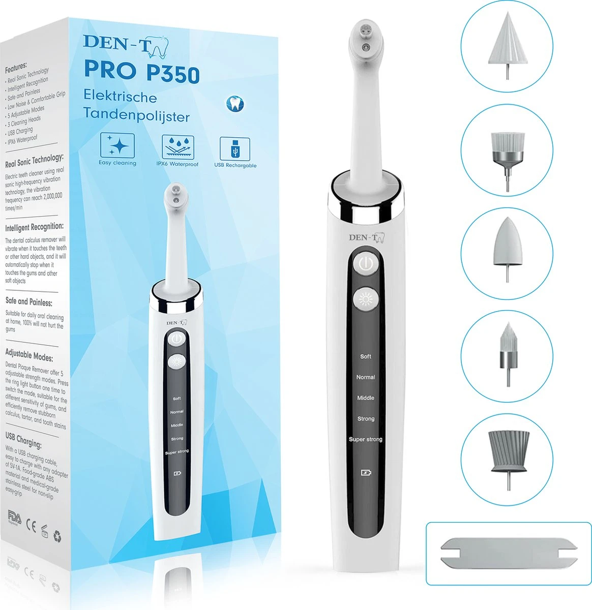 DEN-T® PRO P350 Elektrische Tandenpolijster - Wit - 5 Standen - 5 Opzetstukken - Polijstmachine - Polijstset - Tanden Polijsten -