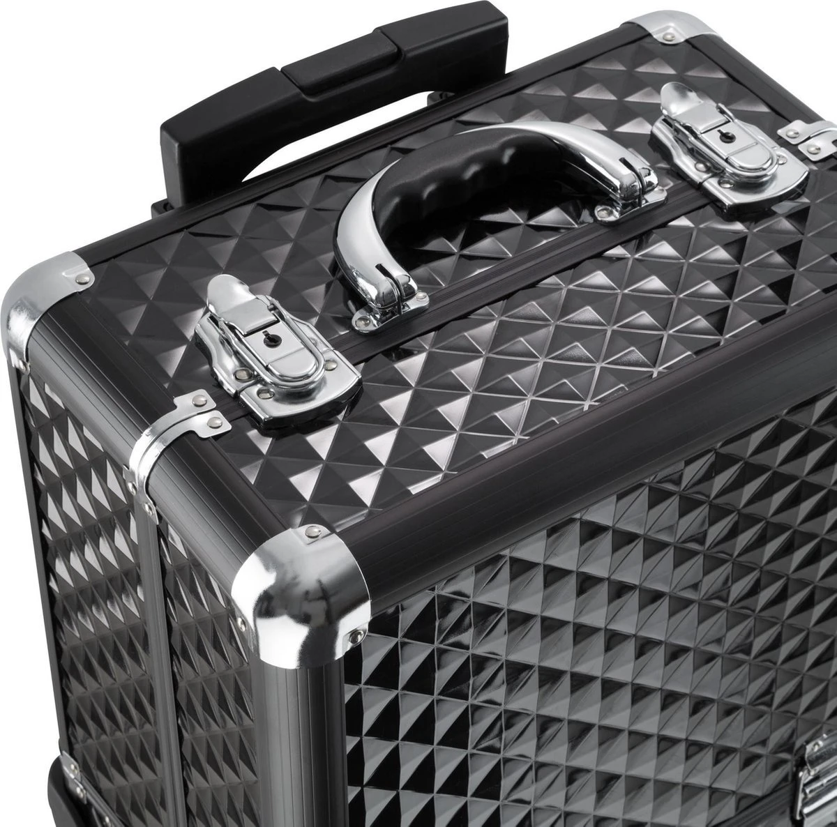 Dreamble Make-up Koffer - Make-up Trolley - Zwart - Rijdbaar - Met Wieltjes - Compact - 8 Vakken - Met Slot - 2 Sleutels - Afbeelding 4