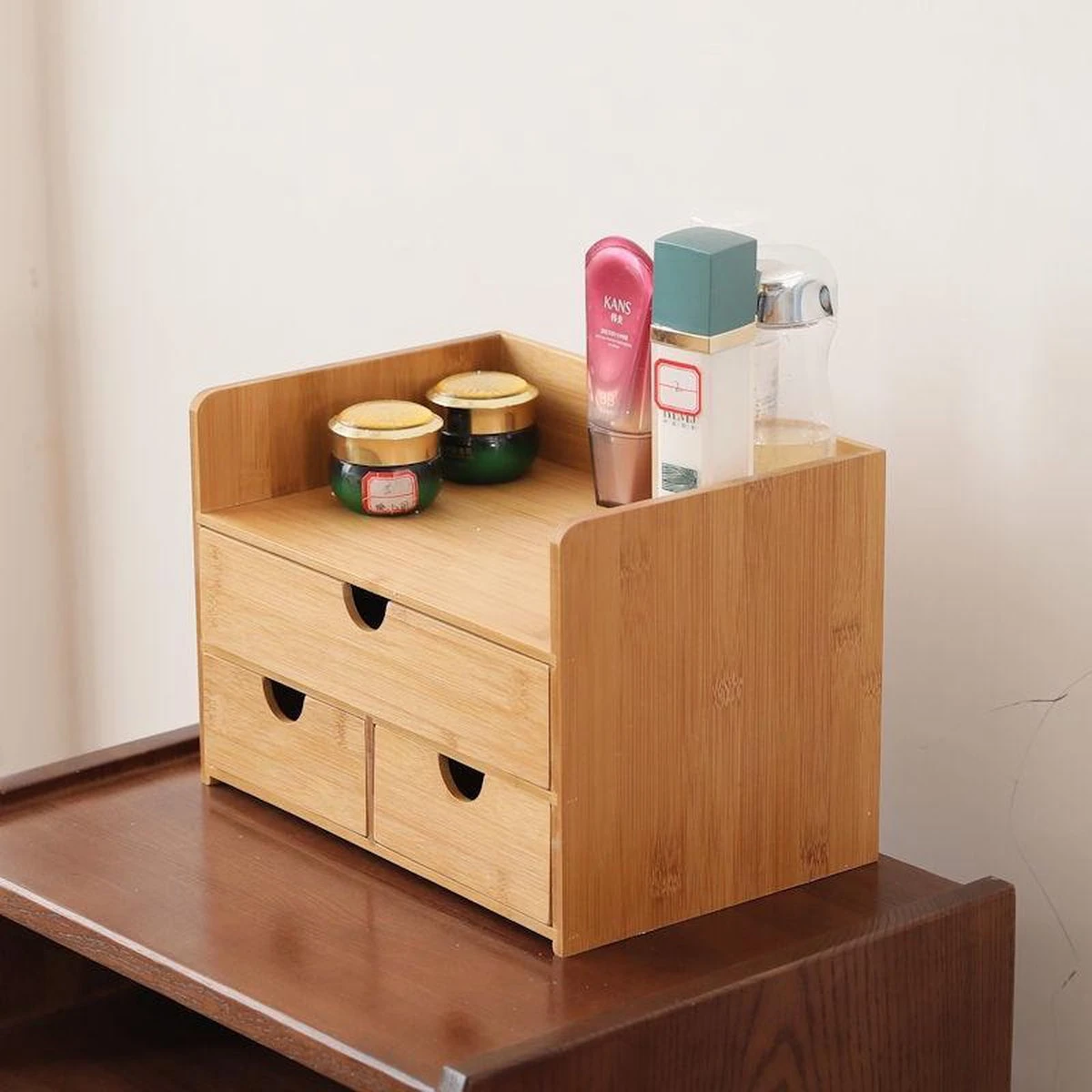 Merkloos Decopatent® Luxe Make-up Organizer Met 3 Lades - Cosmetica Organizer Make Up Met Schuiflade Bamboe Hout - Cosmeticahouder - Toren - Afbeelding 8